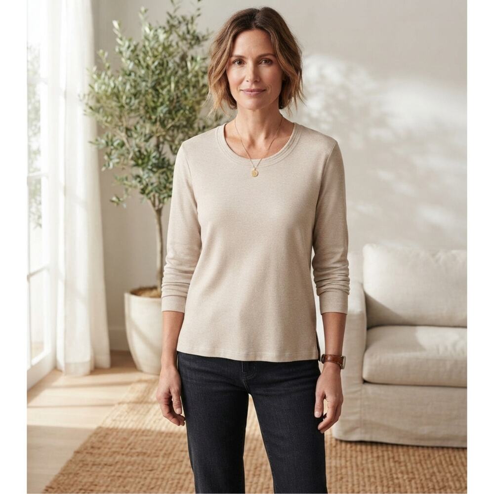Peruvian Connection XL Pima Cotton LS Top Beige Oatmeal Neutral Basic EUC